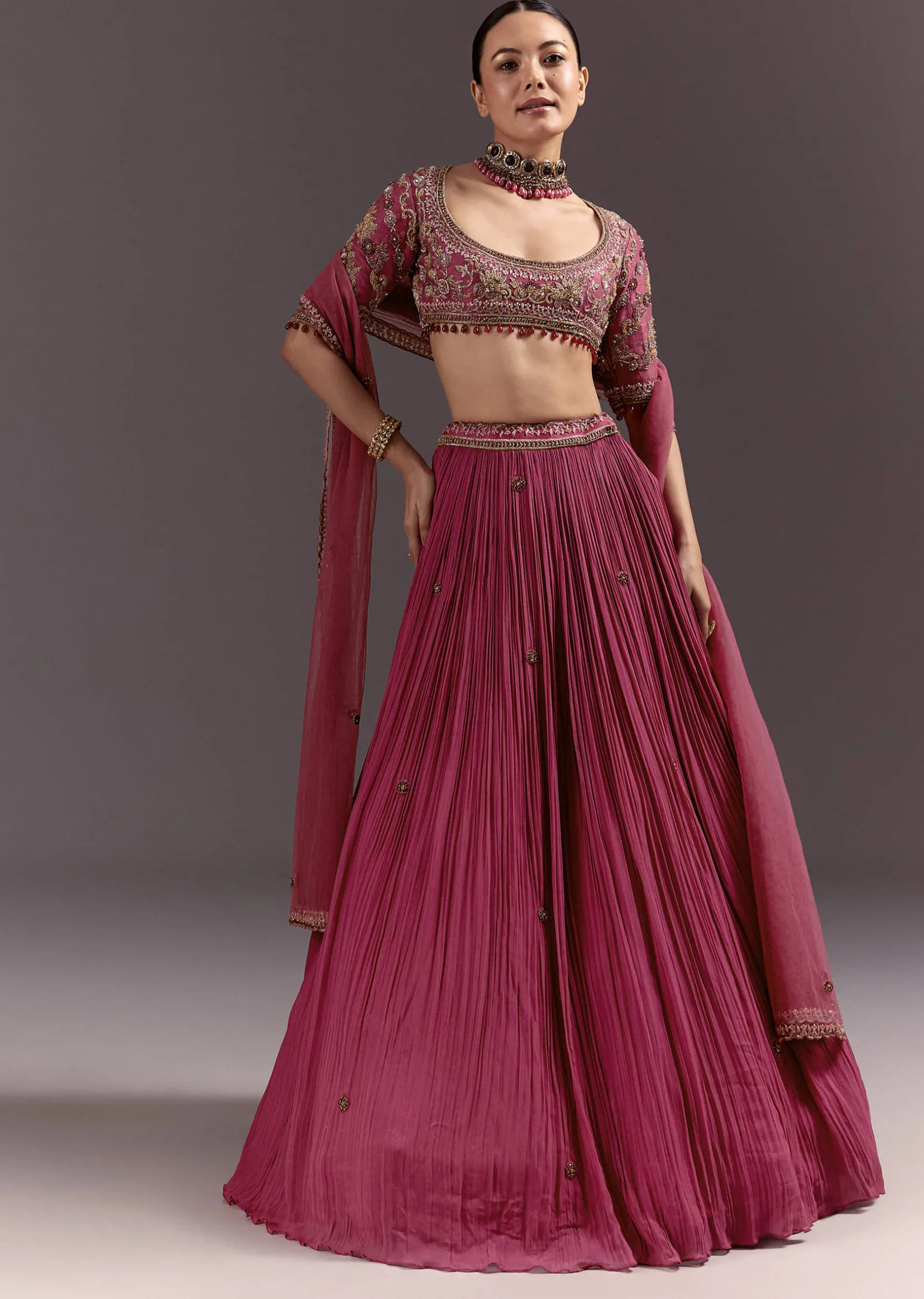 Red Crepe Lehenga Set With Hand Embroidery And Beads