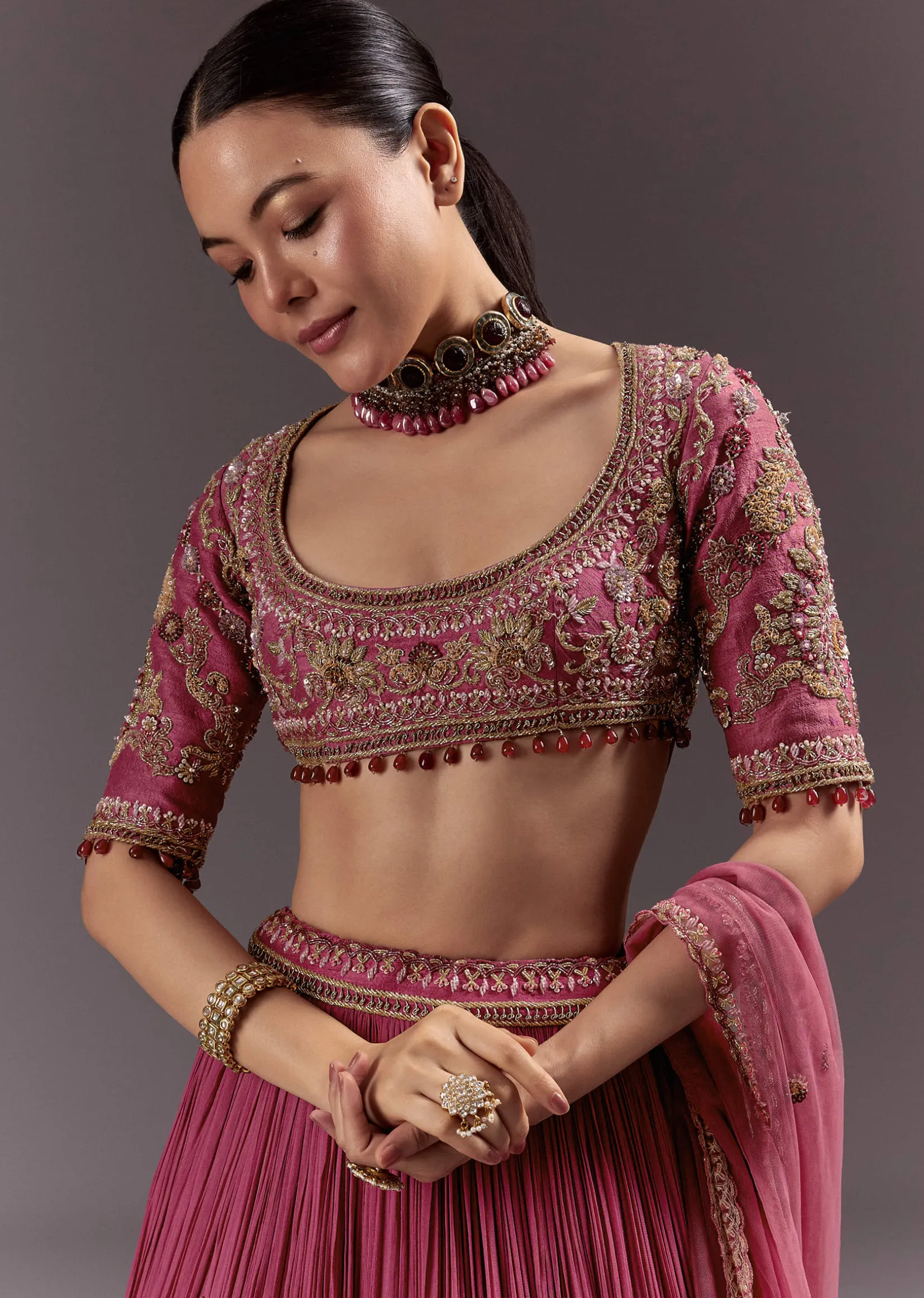 Red Crepe Lehenga Set With Hand Embroidery And Beads