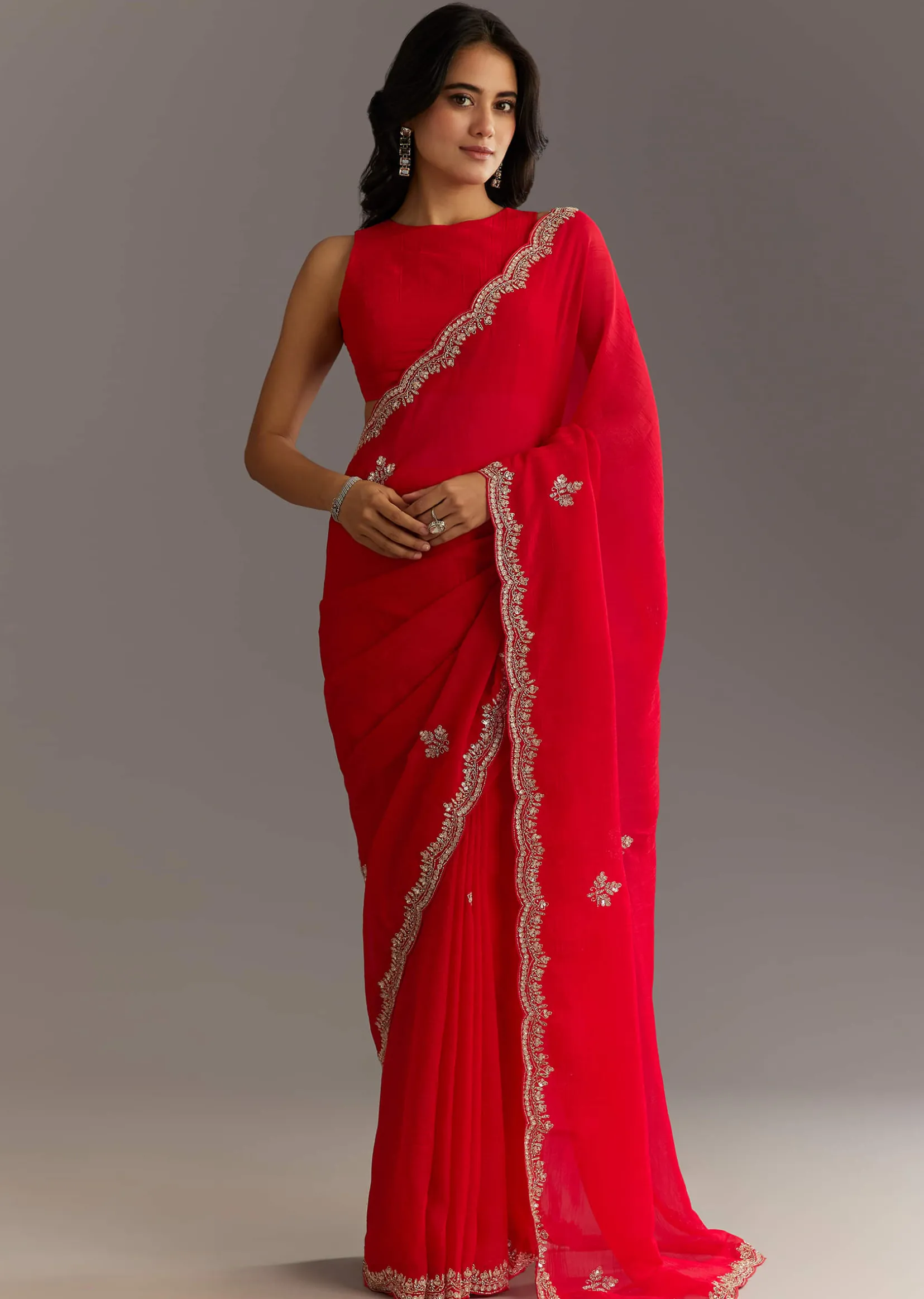 Red Crushed Tissue Embroidered Saree With Scallop Border