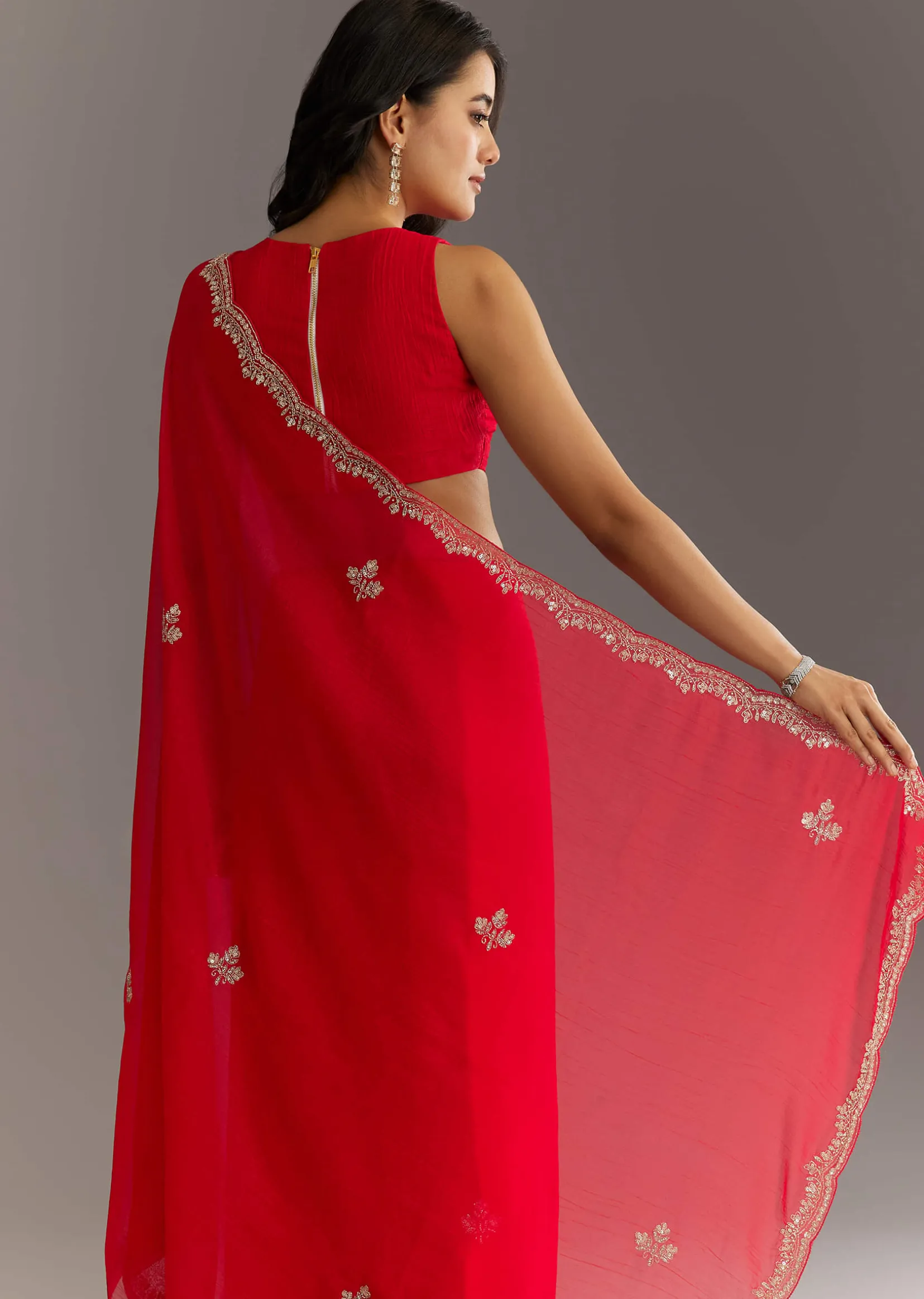 Red Crushed Tissue Embroidered Saree With Scallop Border