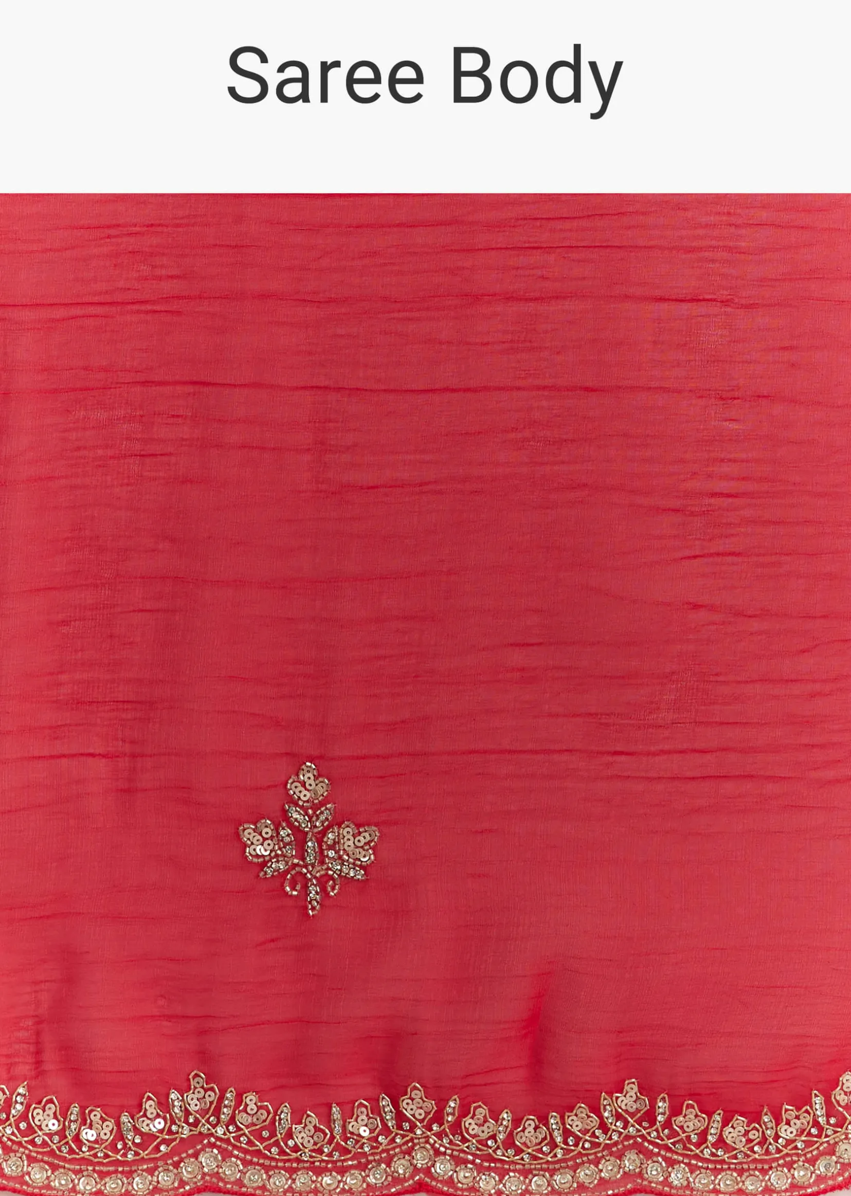 Red Crushed Tissue Embroidered Saree With Scallop Border