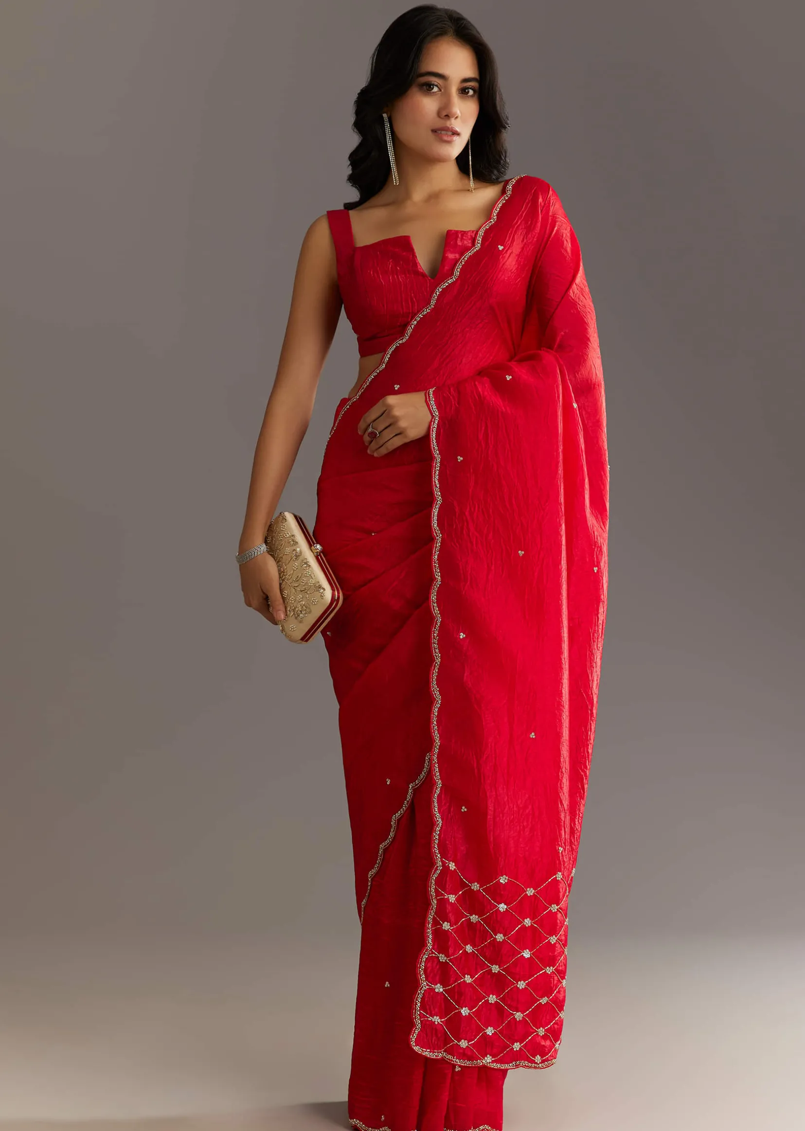 Red Crushed Tissue Embroidered Saree With Cutdana And Sequin Work