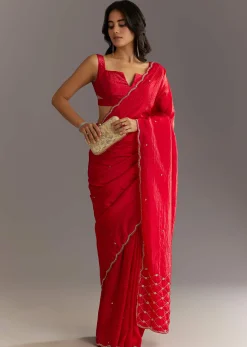 Red Crushed Tissue Embroidered Saree With Cutdana And Sequin Work