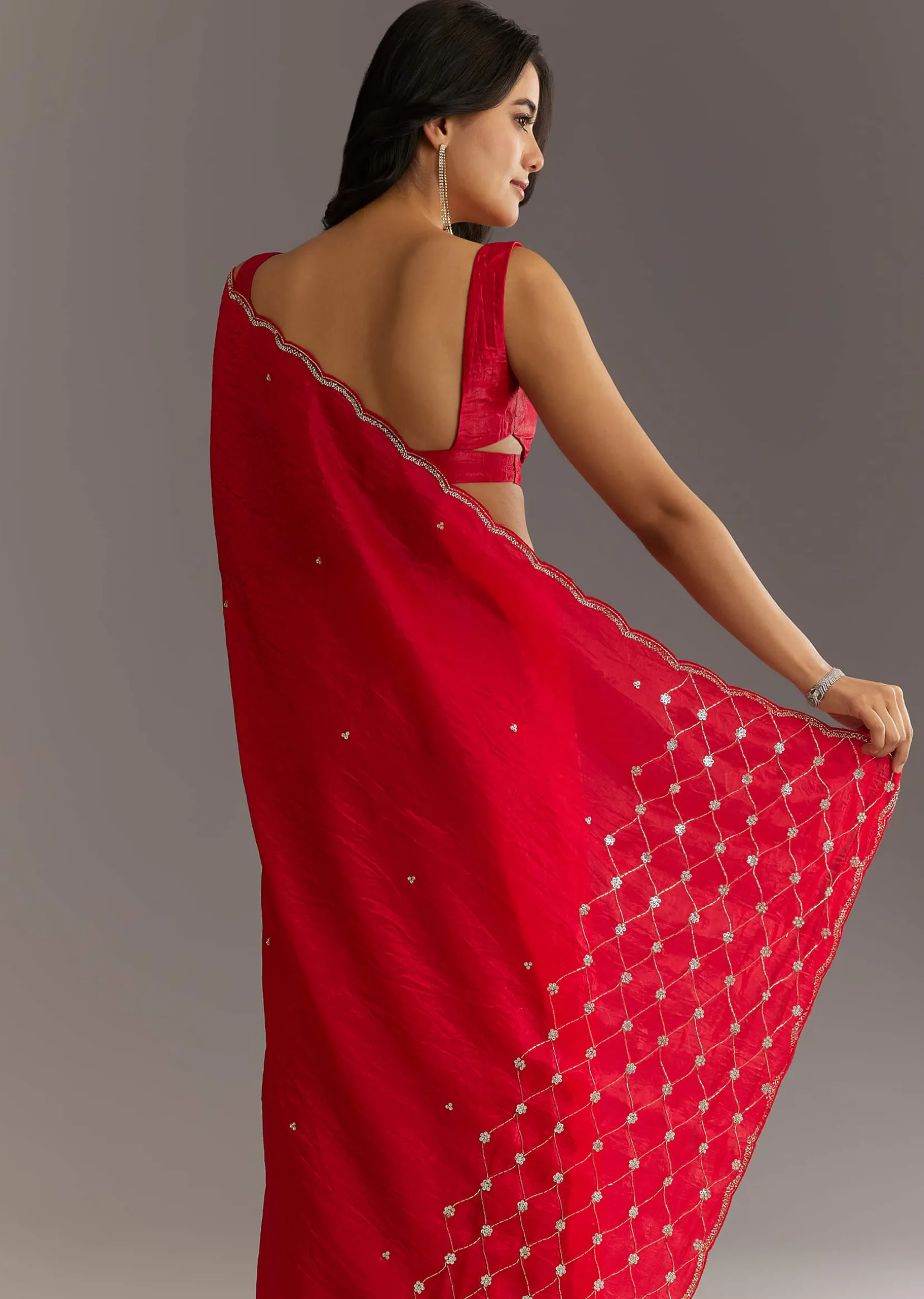 Red Crushed Tissue Embroidered Saree With Cutdana And Sequin Work