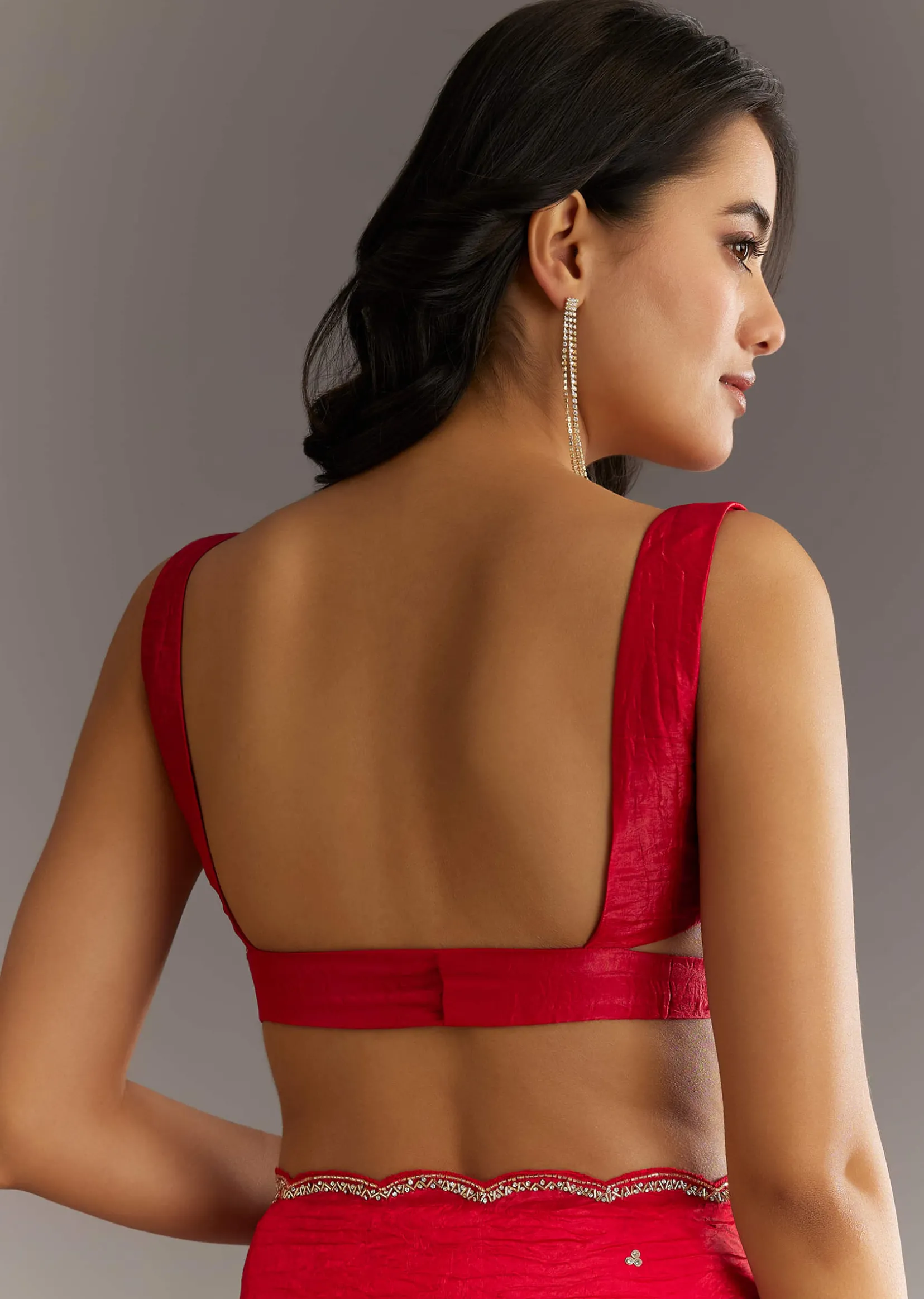 Red Crushed Tissue Embroidered Saree With Cutdana And Sequin Work
