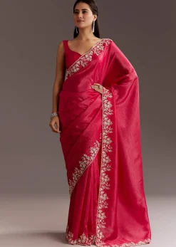Red Crushed Tissue Saree With Floral Embroidery And Scallop Border