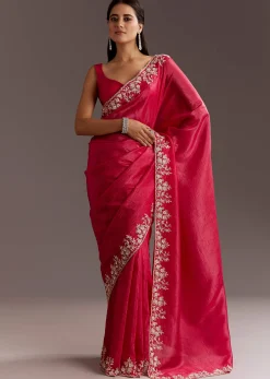 Red Crushed Tissue Saree With Floral Embroidery And Scallop Border