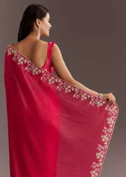 Red Crushed Tissue Saree With Floral Embroidery And Scallop Border