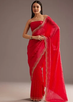 Red Crushed Tissue Silk Saree With Cutdana Scallop Border
