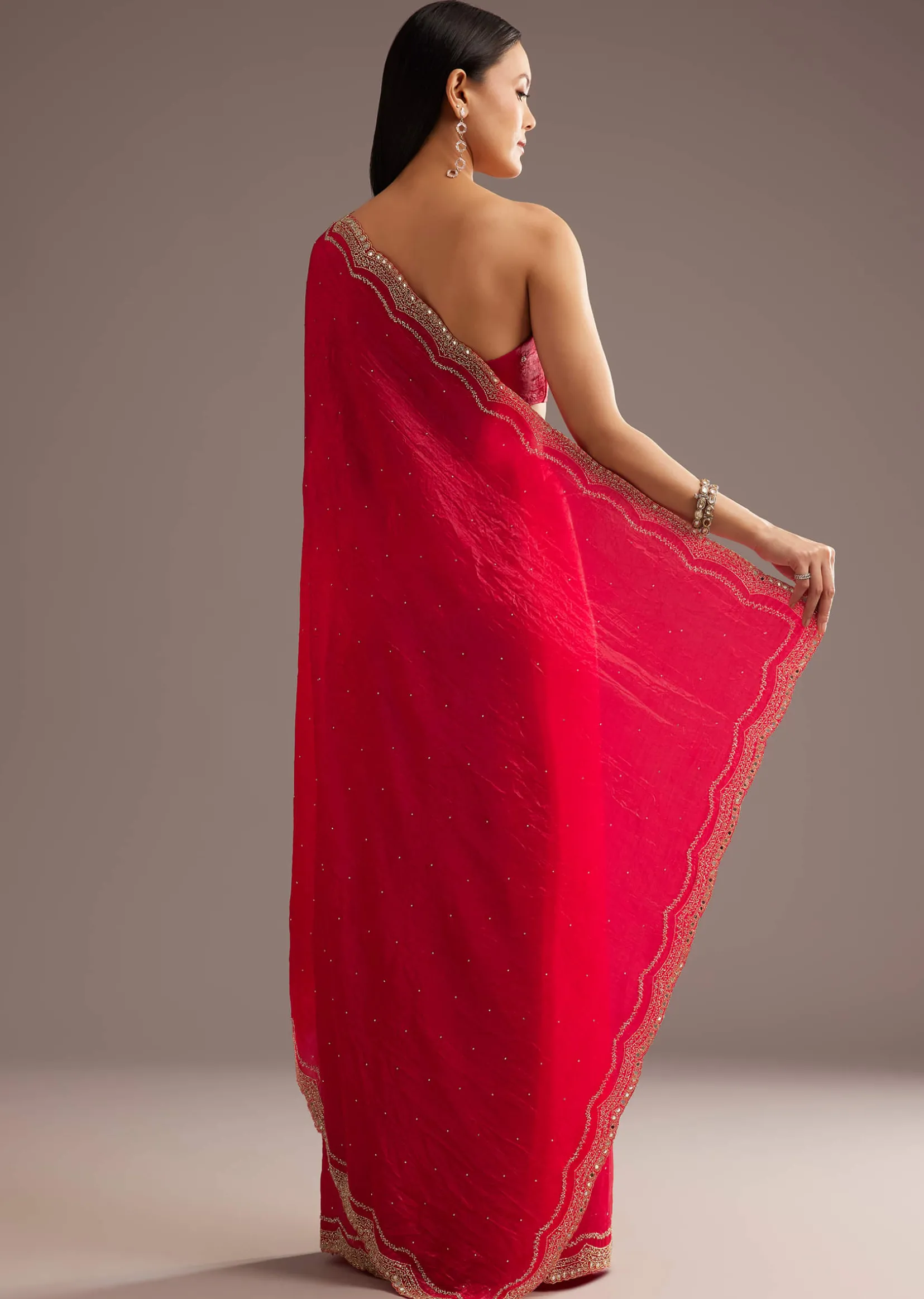 Red Crushed Tissue Silk Saree With Cutdana Scallop Border