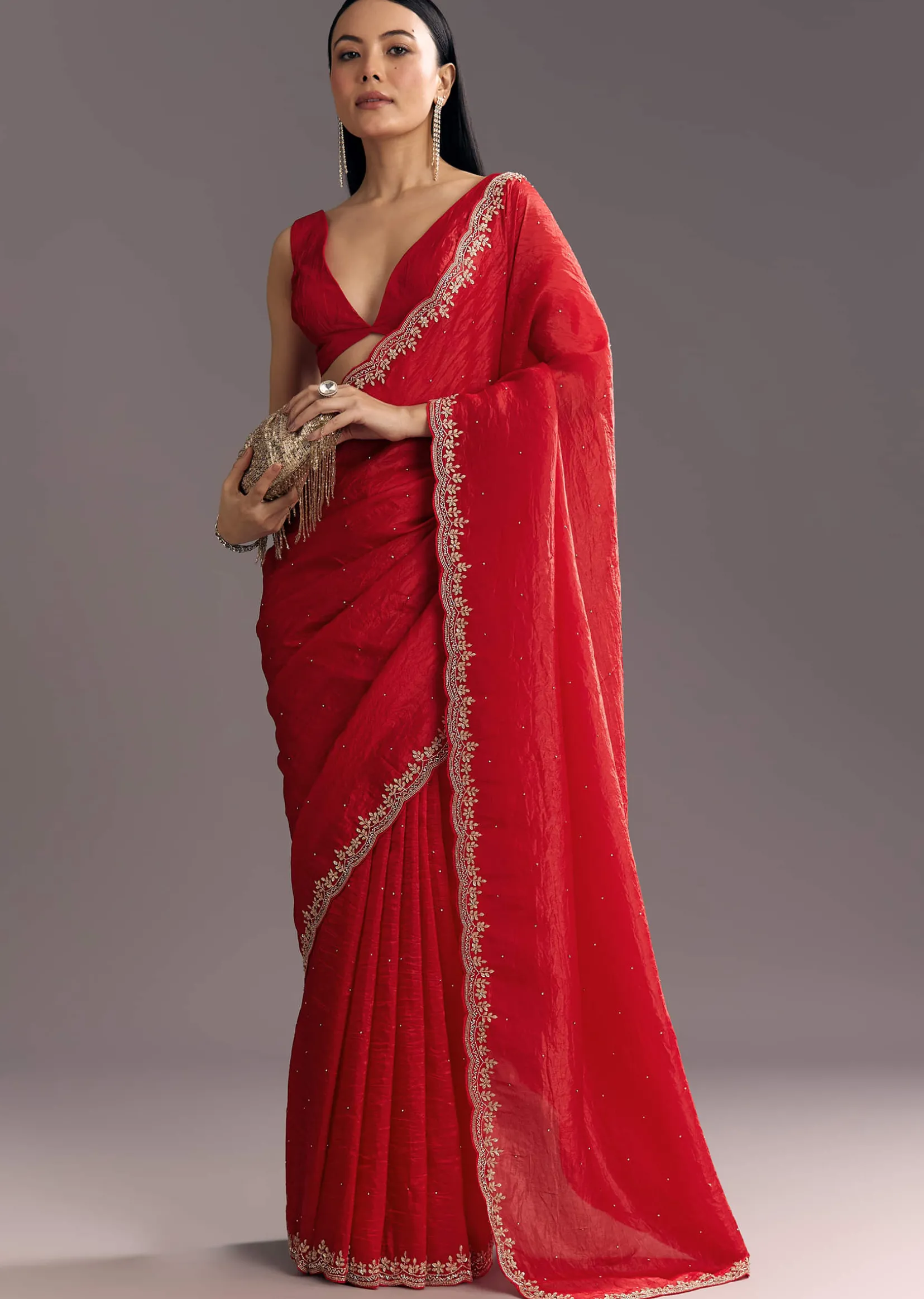 Red Crushed Tissue Stone Embellished Saree With Cutdana Scallop Border