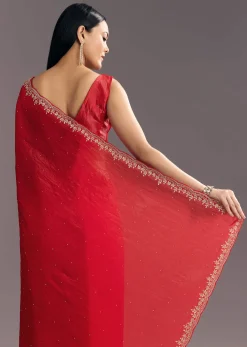 Red Crushed Tissue Stone Embellished Saree With Cutdana Scallop Border