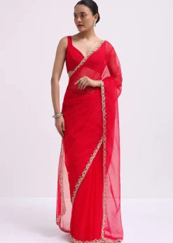 Red Cut Work Organza Saree With Unstitched Blouse
