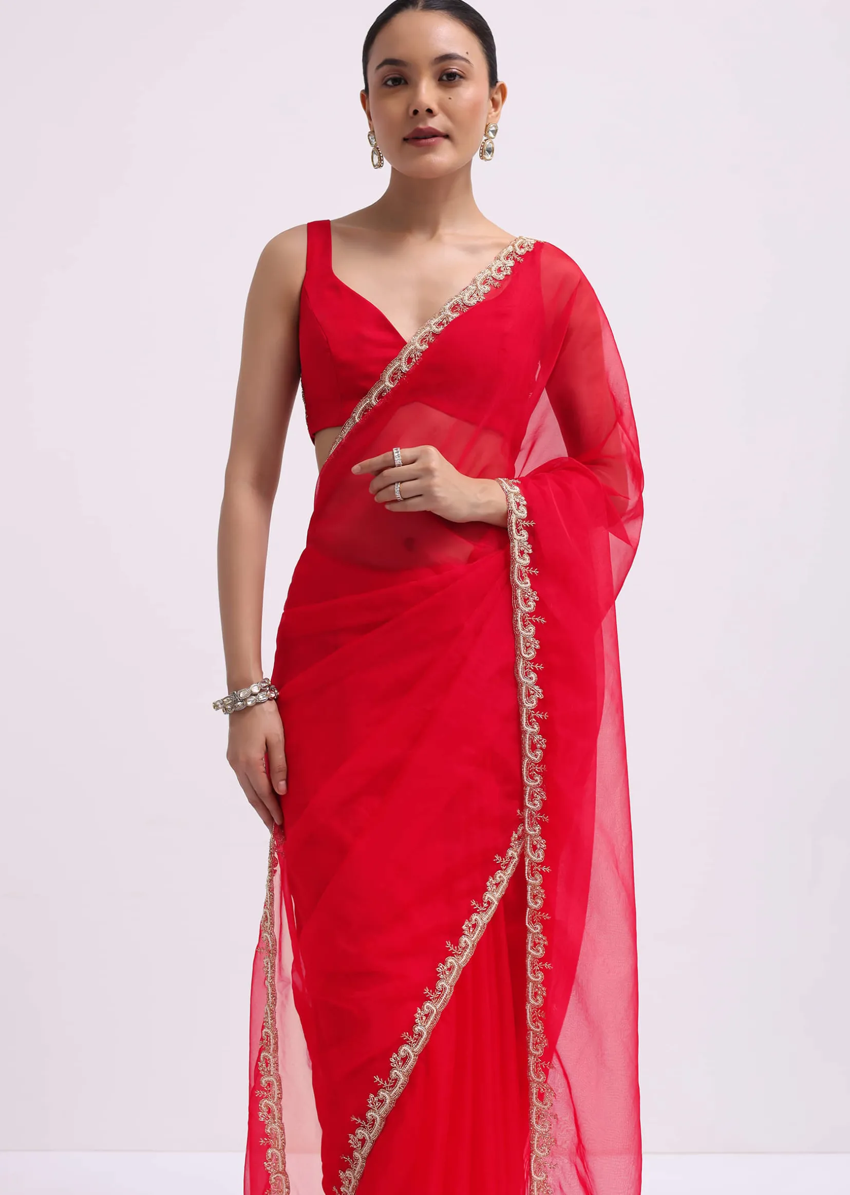 Red Cut Work Organza Saree With Unstitched Blouse