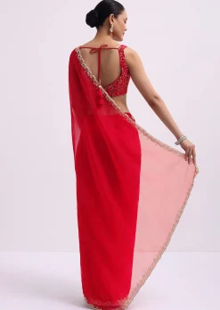 Red Cut Work Organza Saree With Unstitched Blouse
