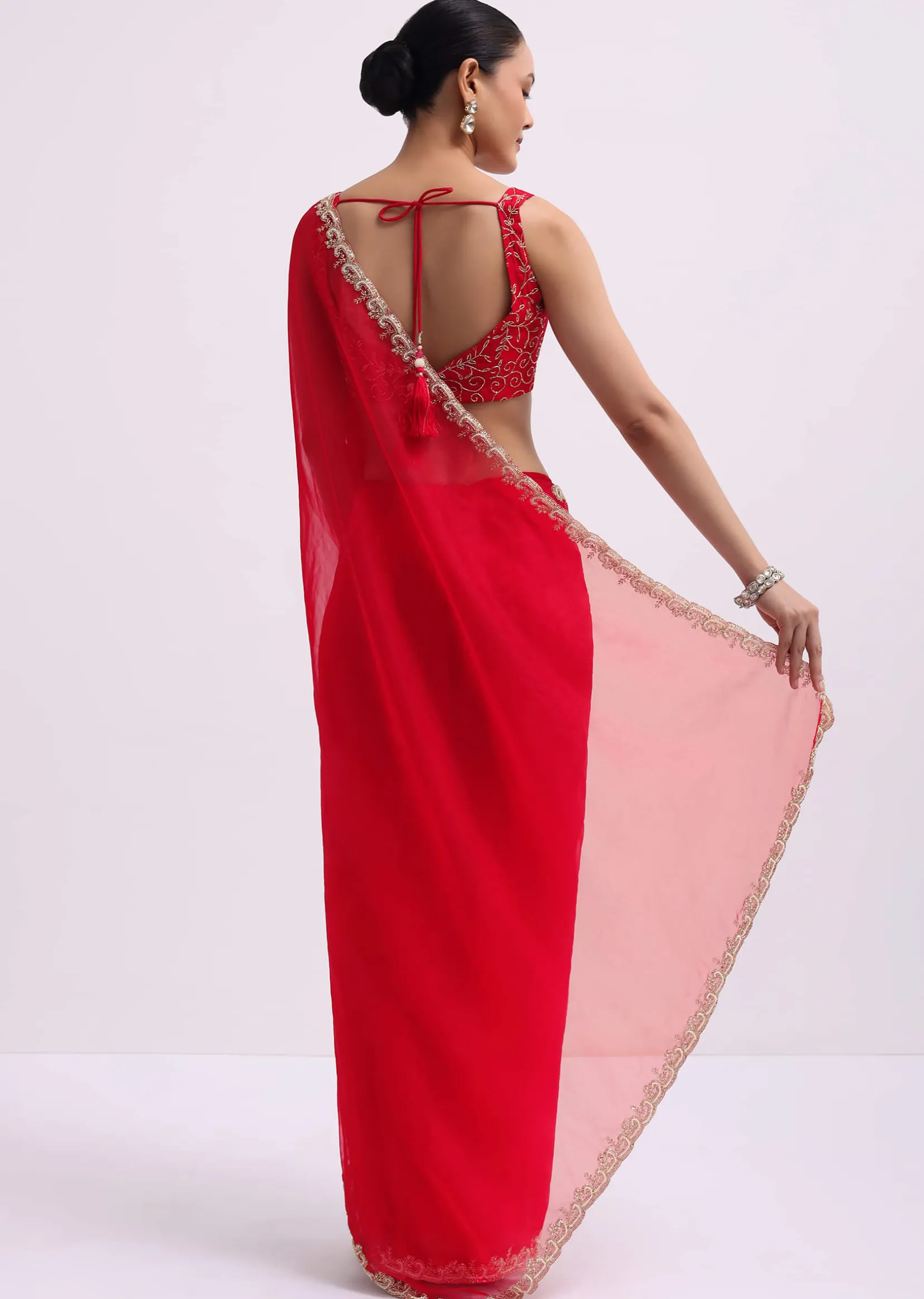 Red Cut Work Organza Saree With Unstitched Blouse