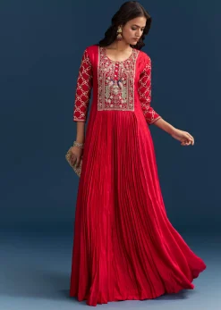 Red Dola Silk Anarkali Suit With Beads Gotta And Cut Dana Work
