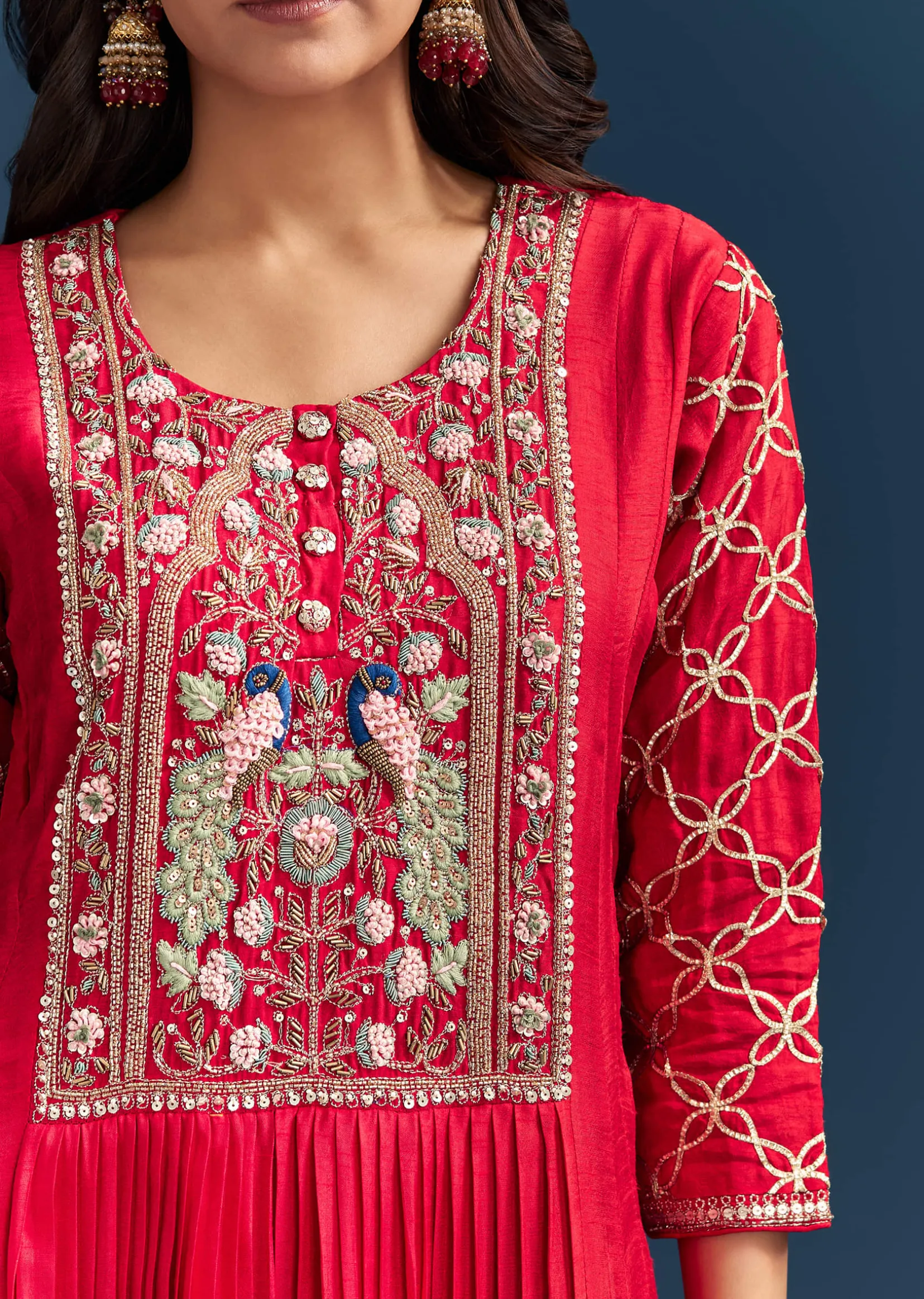 Red Dola Silk Anarkali Suit With Beads Gotta And Cut Dana Work
