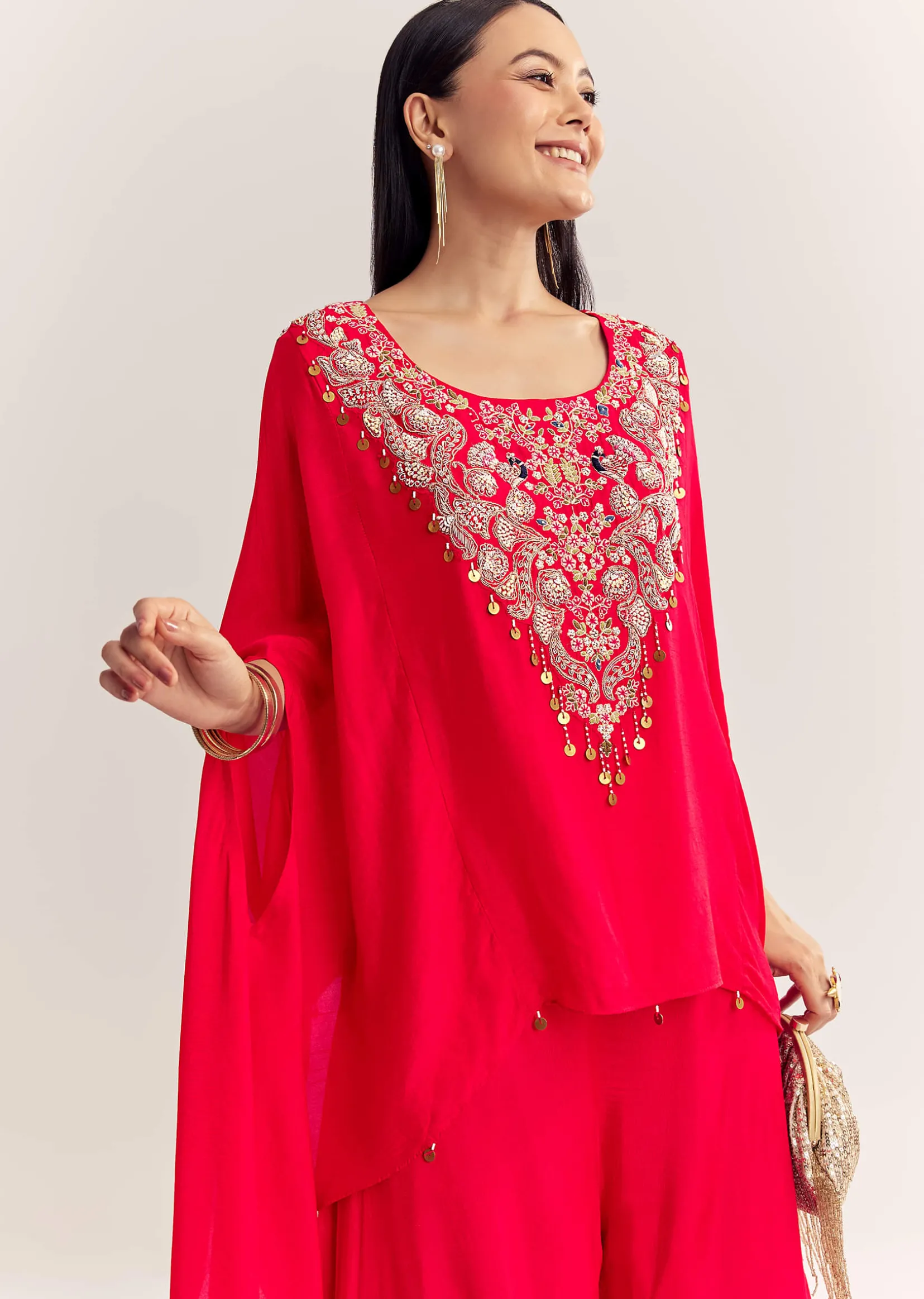 Red Dola Silk Cape Kurta Set With Embroidery