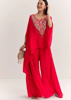 Red Dola Silk Cape Kurta Set With Embroidery