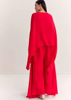 Red Dola Silk Cape Kurta Set With Embroidery
