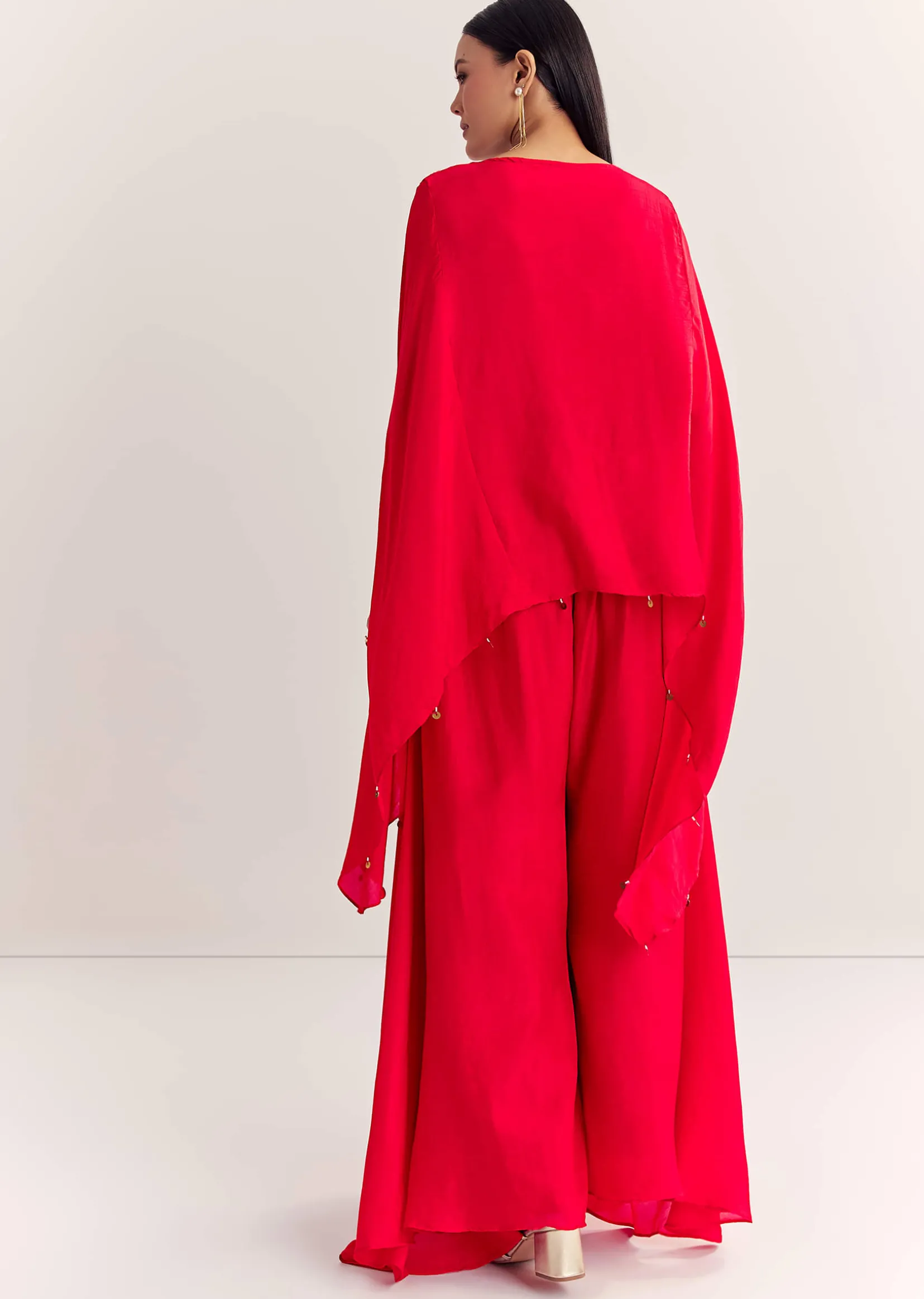 Red Dola Silk Cape Kurta Set With Embroidery
