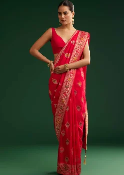 Red Dola Silk Saree With Zari Detailing