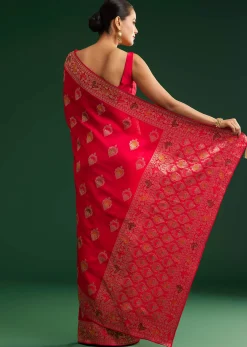 Red Dola Silk Saree With Zari Detailing