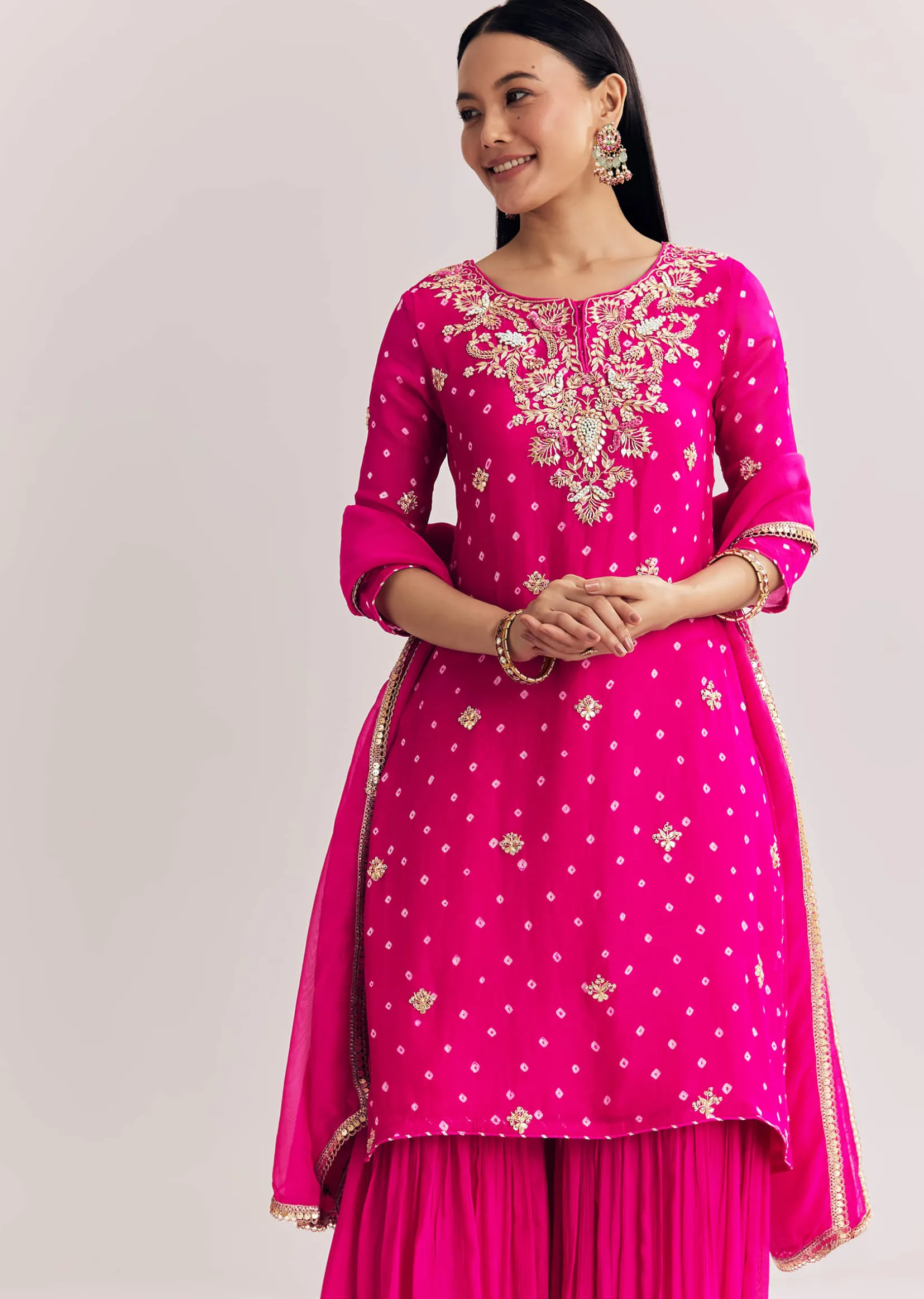 Red Dola Silk Sharara Suit With Embroidered Print