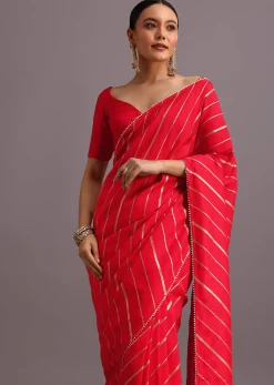 Red Dola Silk Woven Leheriya Saree With Gotta Patti Border