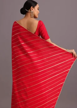 Red Dola Silk Woven Leheriya Saree With Gotta Patti Border