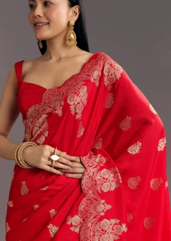 Red Dola Silk Woven Motif Saree With Scallop Border