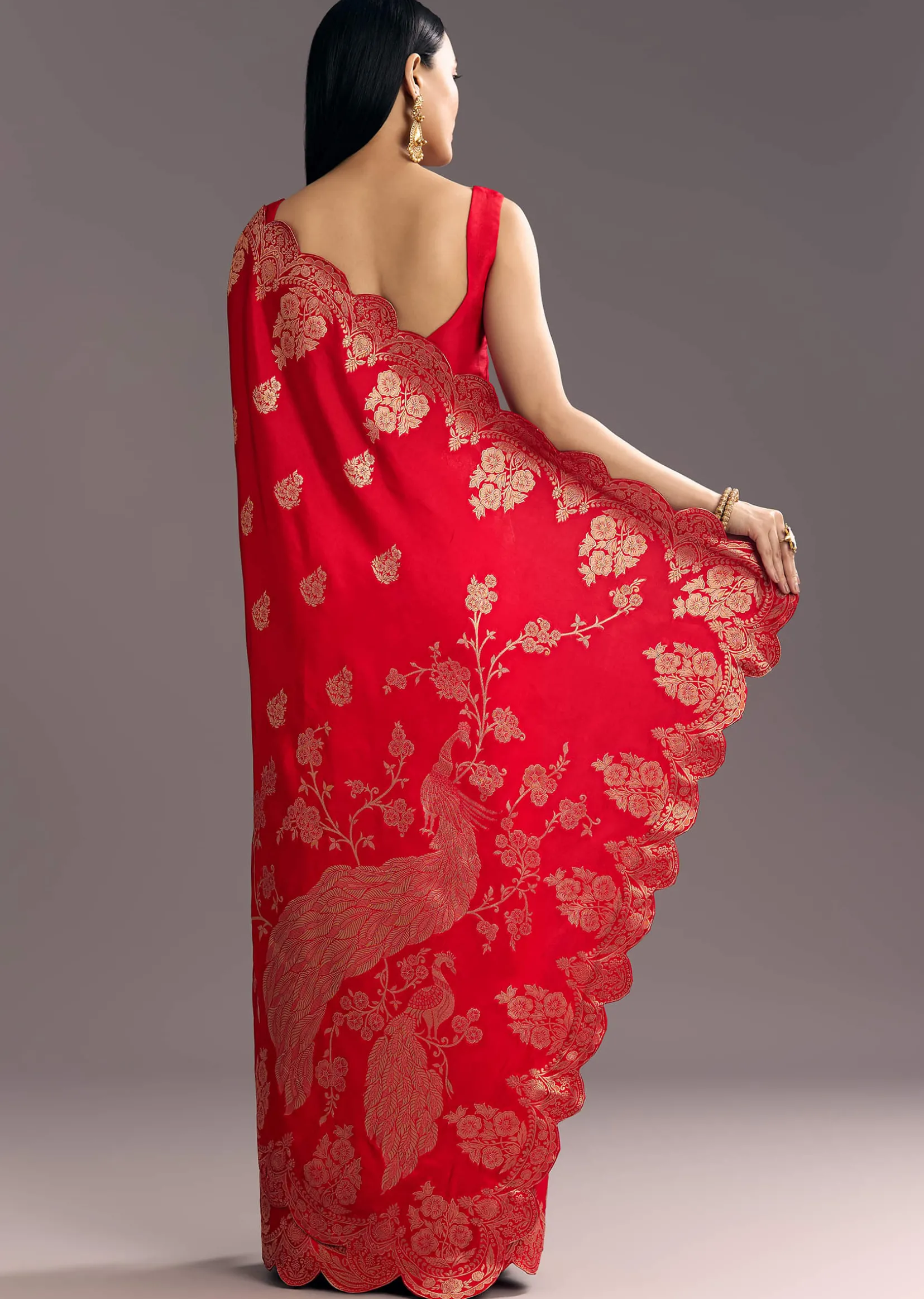 Red Dola Silk Woven Motif Saree With Scallop Border