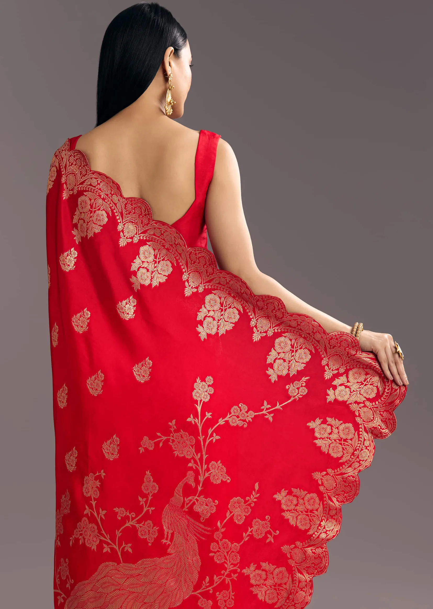 Red Dola Silk Woven Motif Saree With Scallop Border