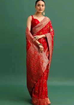 Red Dola Silk Woven Saree With Zari Work And Unstitched Blouse