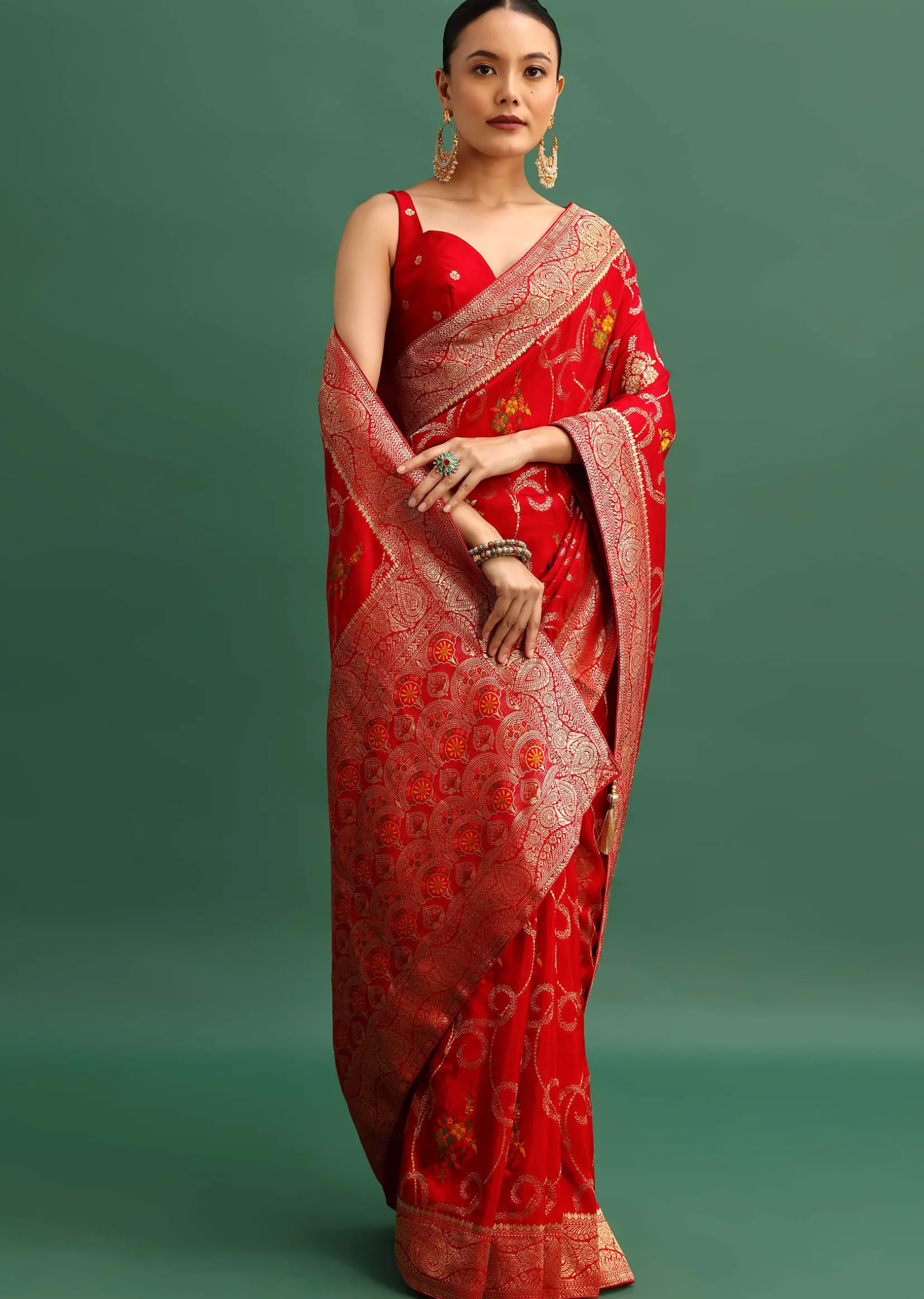 Red Dola Silk Woven Saree With Zari Work And Unstitched Blouse