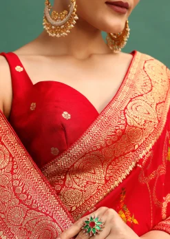 Red Dola Silk Woven Saree With Zari Work And Unstitched Blouse