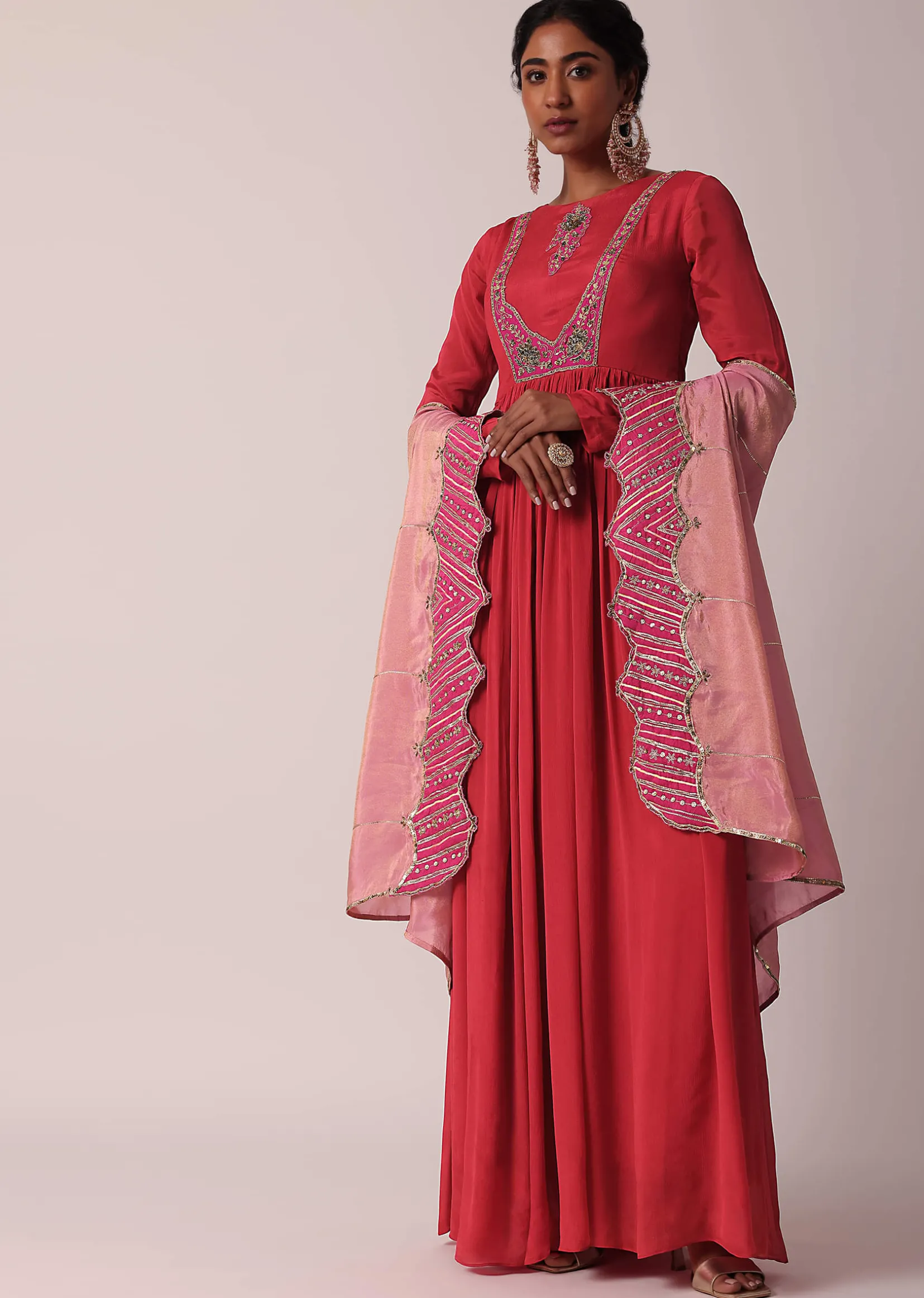 Red Embroidered Anarkali With Tissue Dupatta
