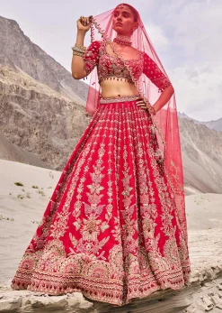 Red Embroidered Bridal Lehenga Blouse With Two Dupattas
