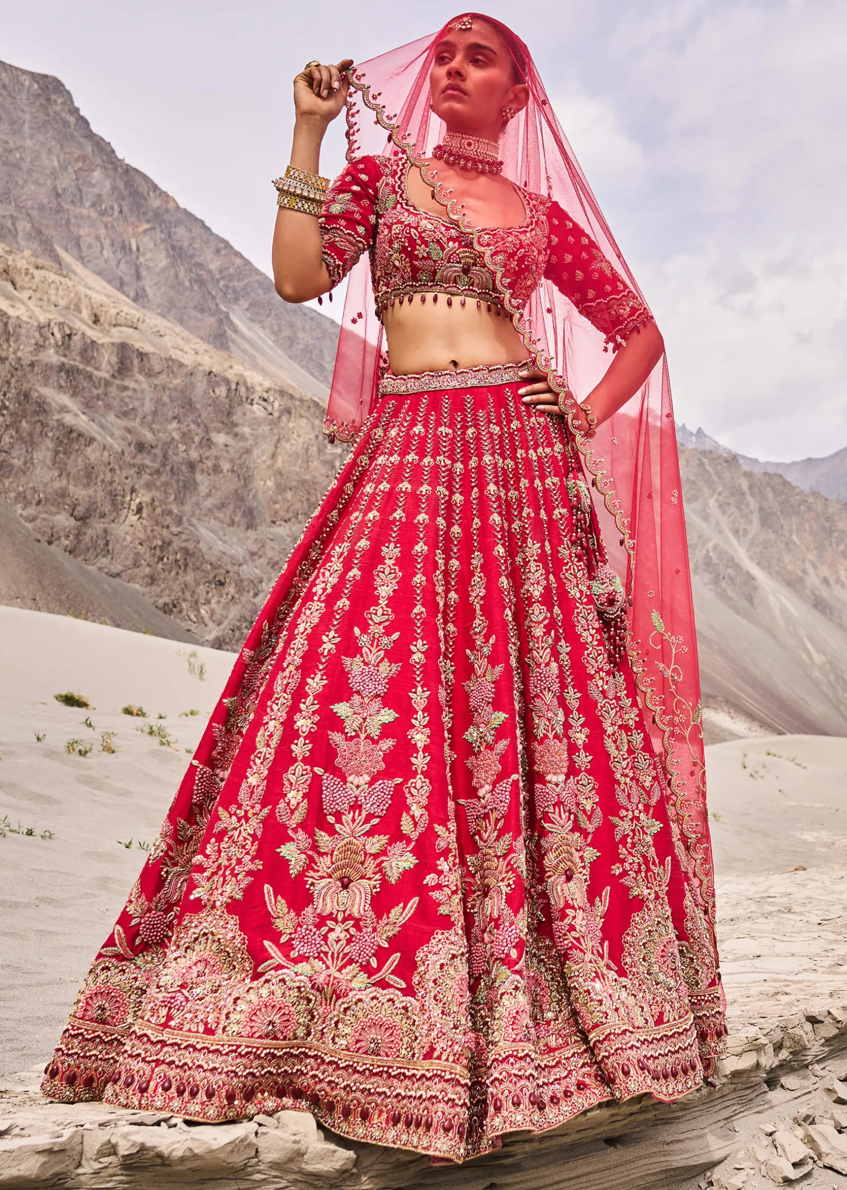 Red Embroidered Bridal Lehenga Blouse With Two Dupattas