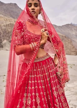 Red Embroidered Bridal Lehenga Blouse With Two Dupattas