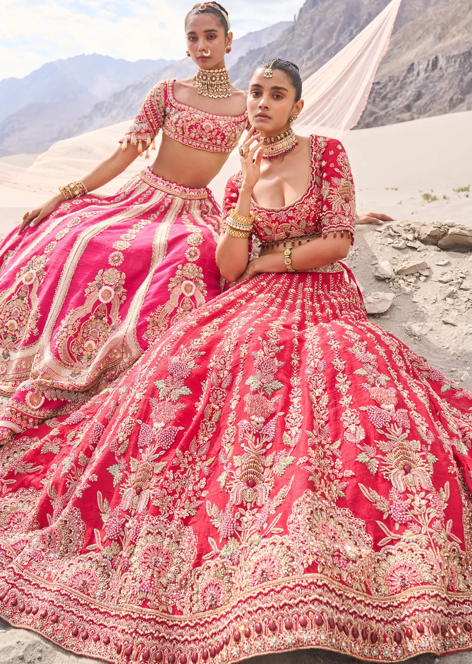 Red Embroidered Bridal Lehenga Blouse With Two Dupattas