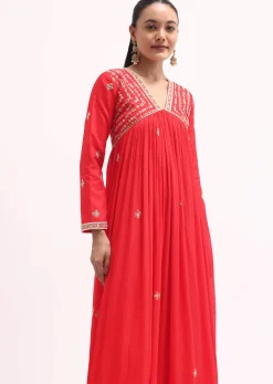 Red Embroidered Chiffon Gown