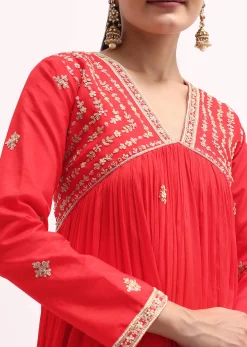Red Embroidered Chiffon Gown