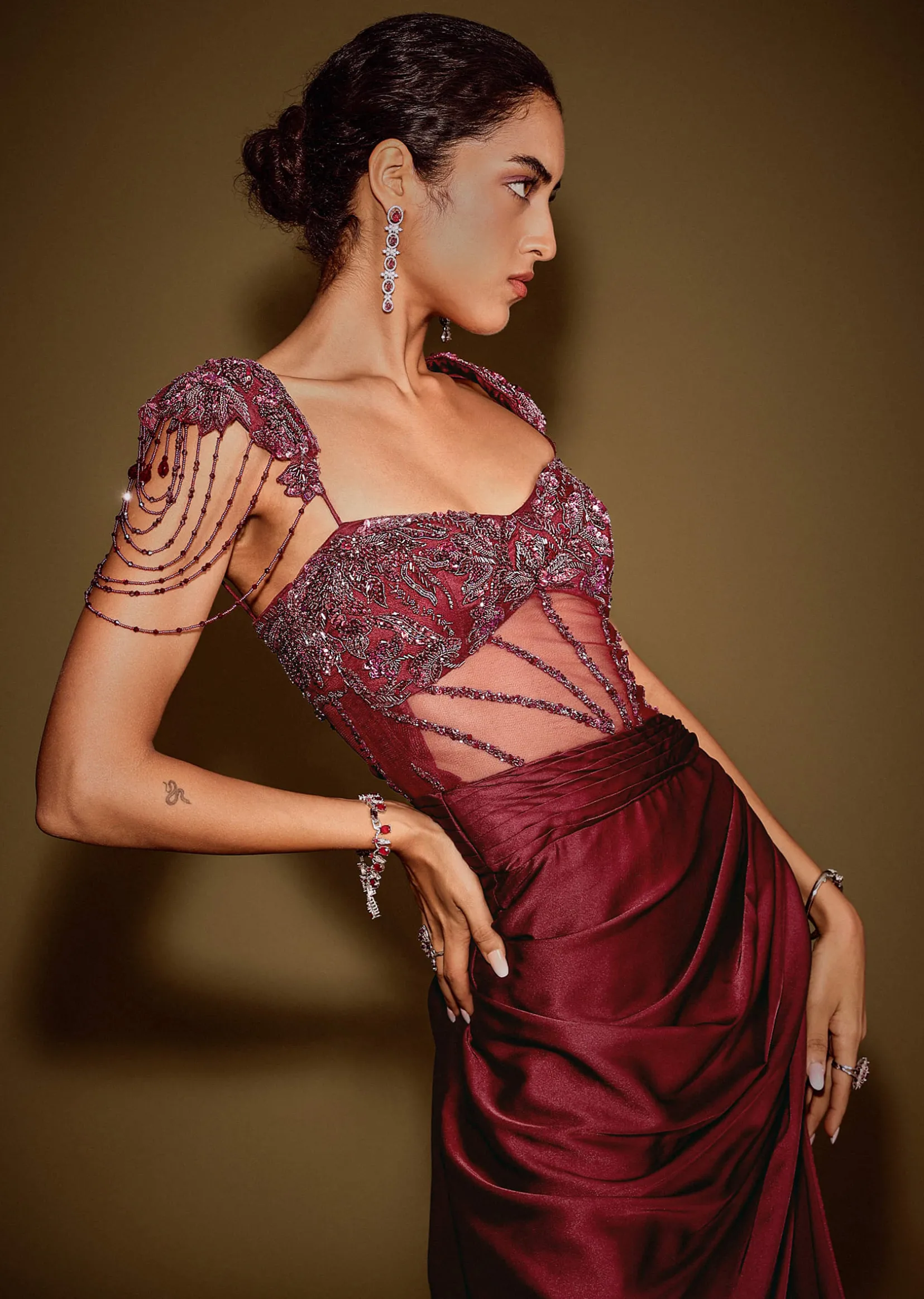 Red Embroidered Corset Gown With Attached Tassel Cape