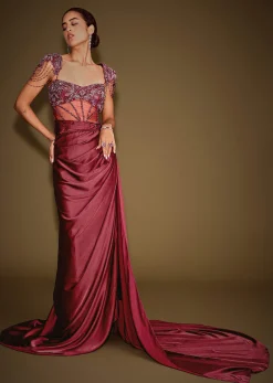 Red Embroidered Corset Gown With Attached Tassel Cape