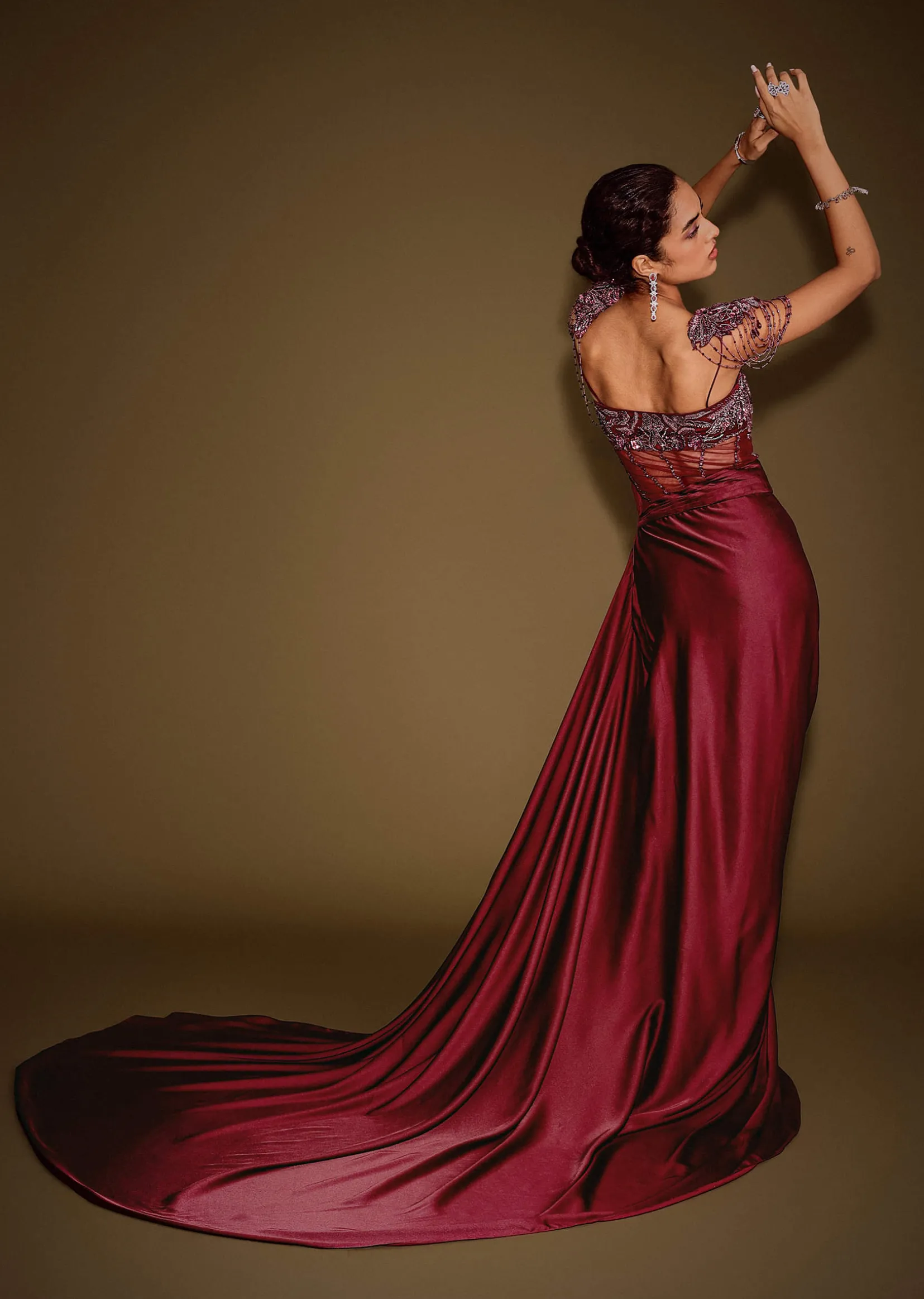 Red Embroidered Corset Gown With Attached Tassel Cape