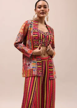 Red Embroidered Crepe Crop Top And Palazzo Set