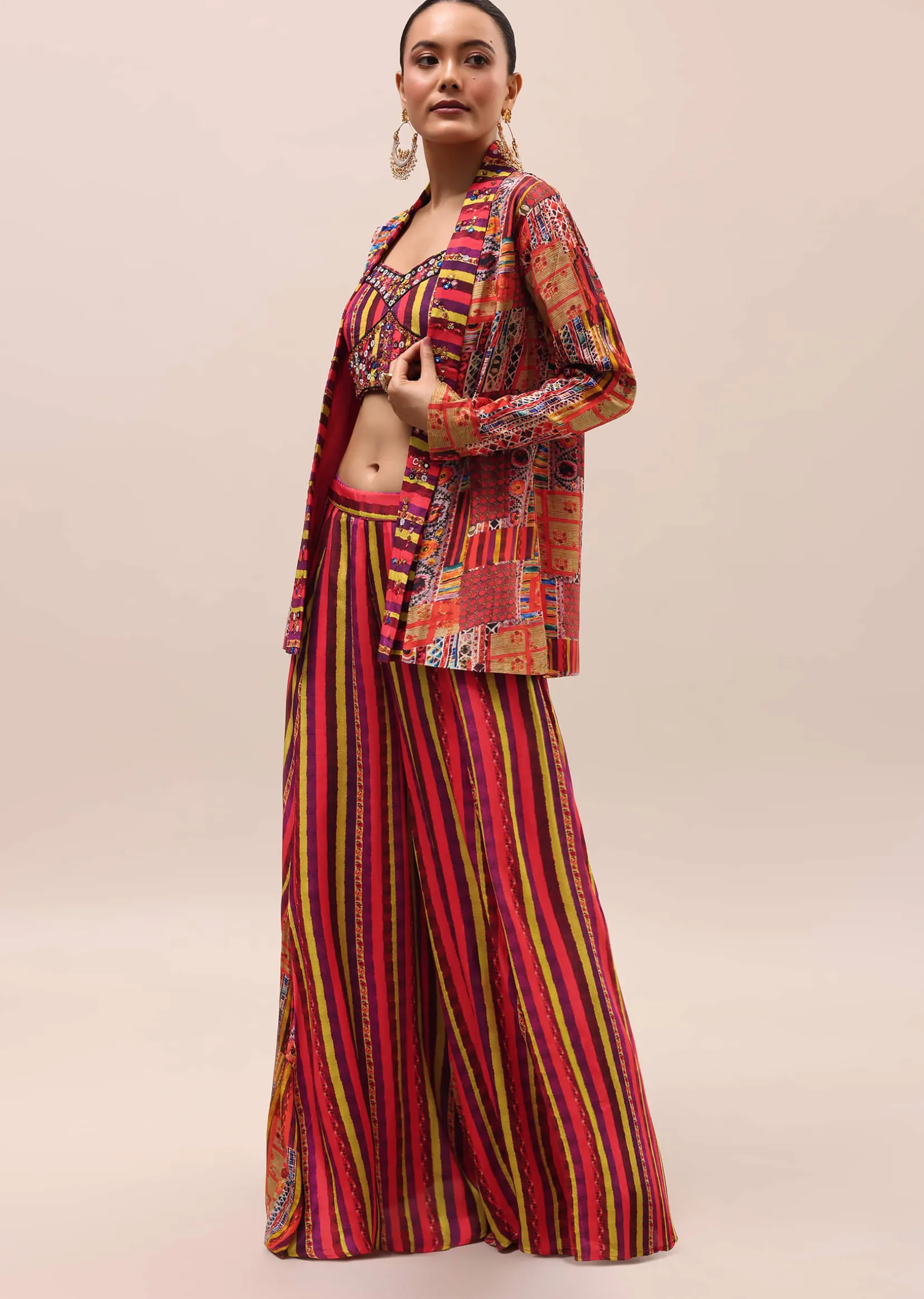 Red Embroidered Crepe Crop Top And Palazzo Set