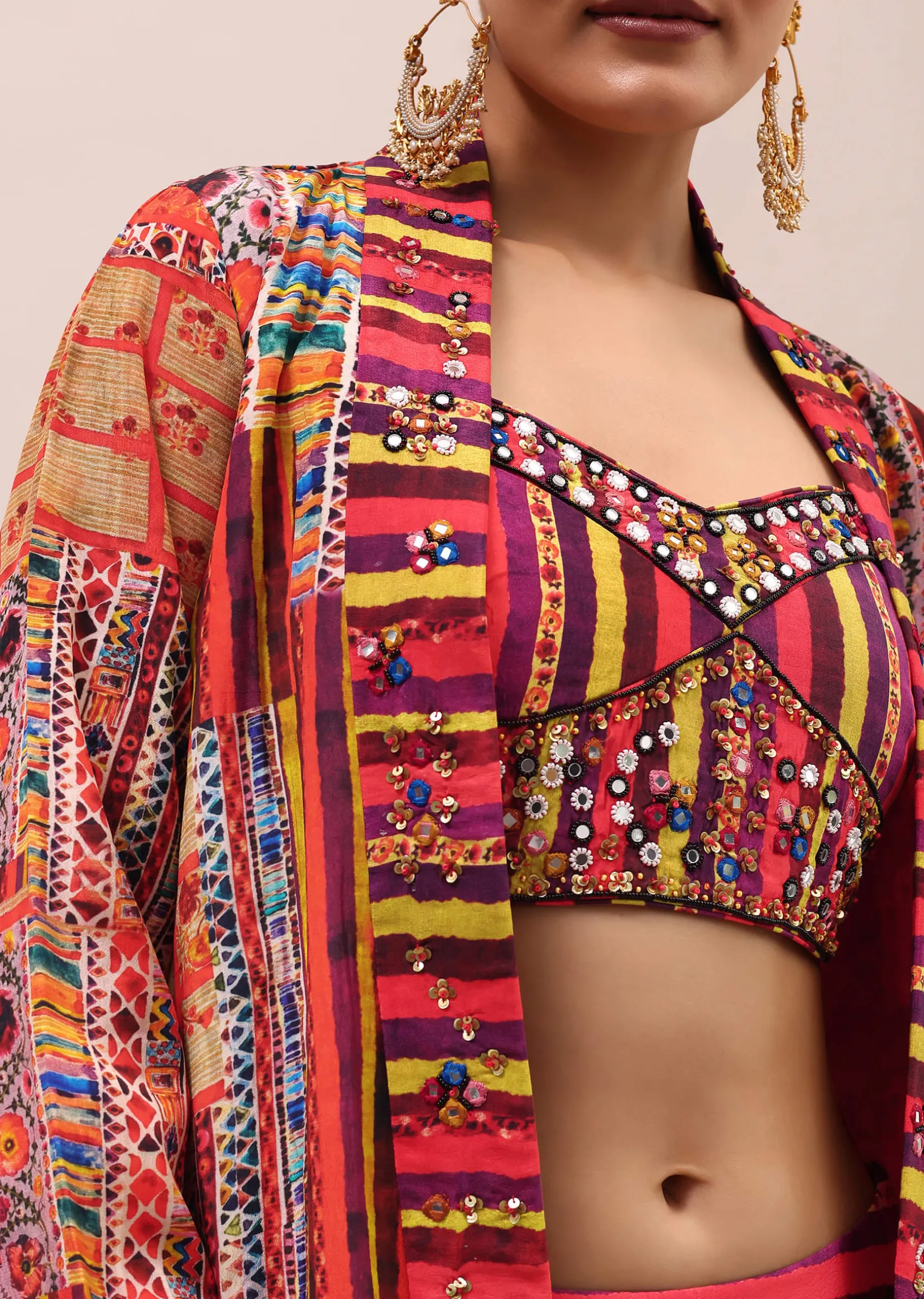 Red Embroidered Crepe Crop Top And Palazzo Set